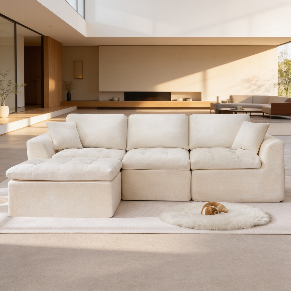 110' Cloud Sectional Couch for Living Room, Upholstered L-Shape Modular Sofa with Movable Ottoman, 3-Seater Deep-Seat Foam Couch, Comfortable Convertible Sectional for Home & Apartment-W1521S00087 - 场景图