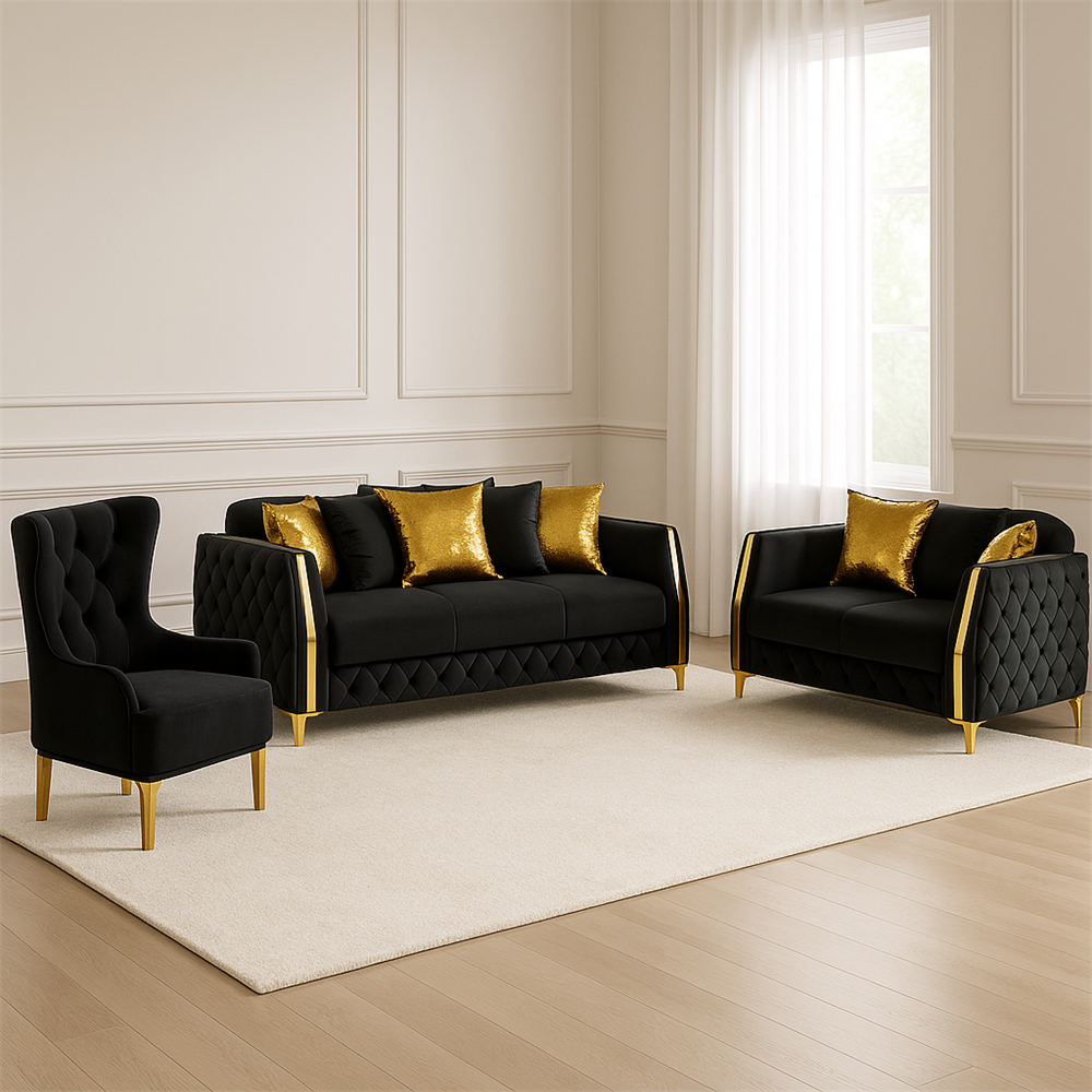 Lippa 3pc Upholstered Sofa, Loveseat and Chair Set in Black Fabric with Gold Stainless Steel Legs, Foam Cushioning and Sturdy Wood Frame-B009S02236 - 场景图