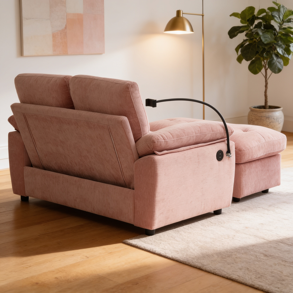 Leisure sofa chair,Double sofa recliner, with manually adjustable backrest, soft padded armrests, side USB charging port and phone stand, comes with a matching storage ottoman-Pink-W487S00519 - 场景图