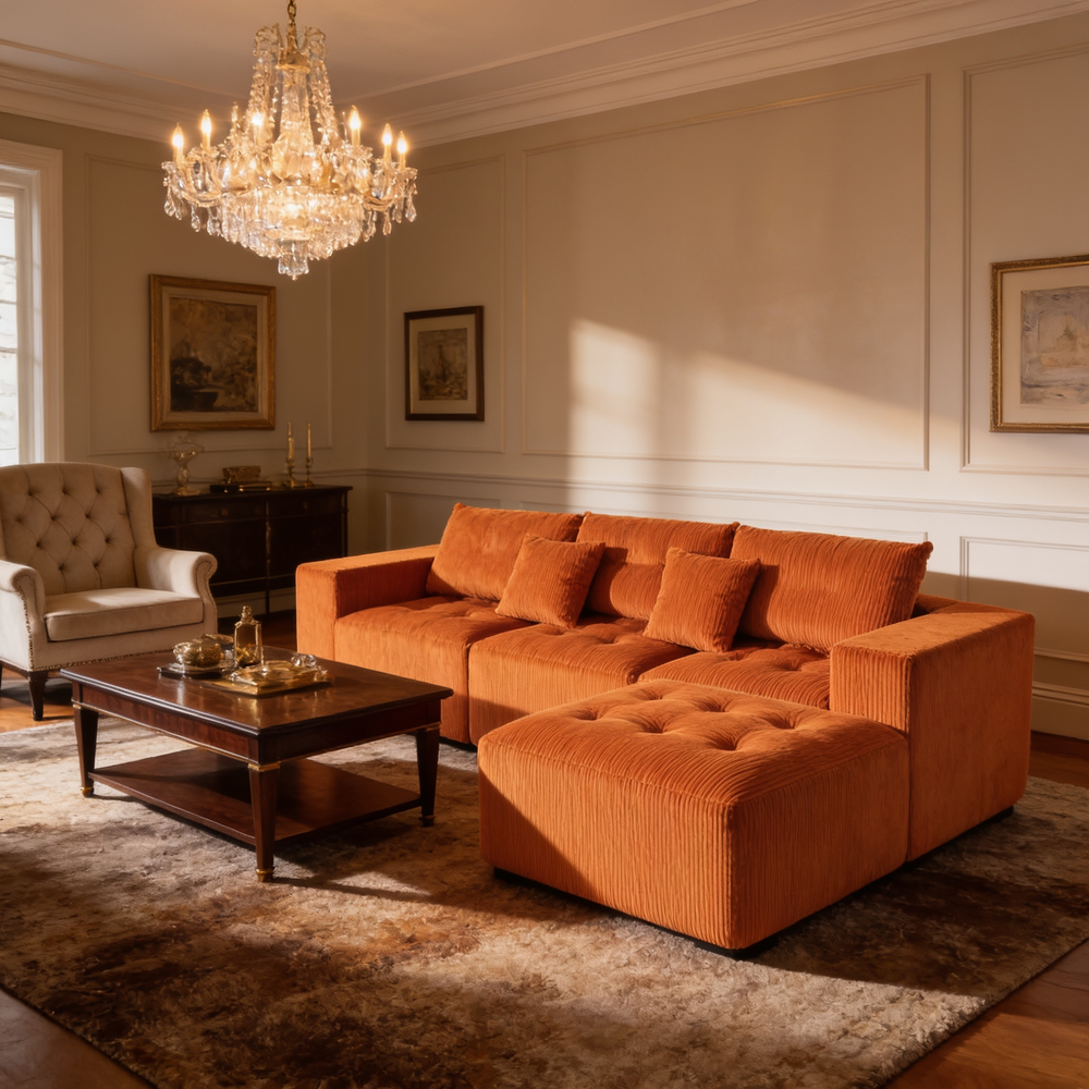 101' L-Shaped Modular Compression Sofa, 3-Seater Comfortable Cloud Sofa, Corduroy Fabric, with Movable Footrest, Free DIY Combination, Suitable for Living Room, Bedroom, Apartment (Orange)-W1170S00054 - 场景图