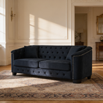 77-Inch Modern Chesterfield Velvet Sofa, 3-Seater Sofa, Upholstered Tufted Backrests with Nailhead Arms and 2 Cushions for Living Room, Bedroom, Apartment, Office (Black)-W834S00645 - 场景图