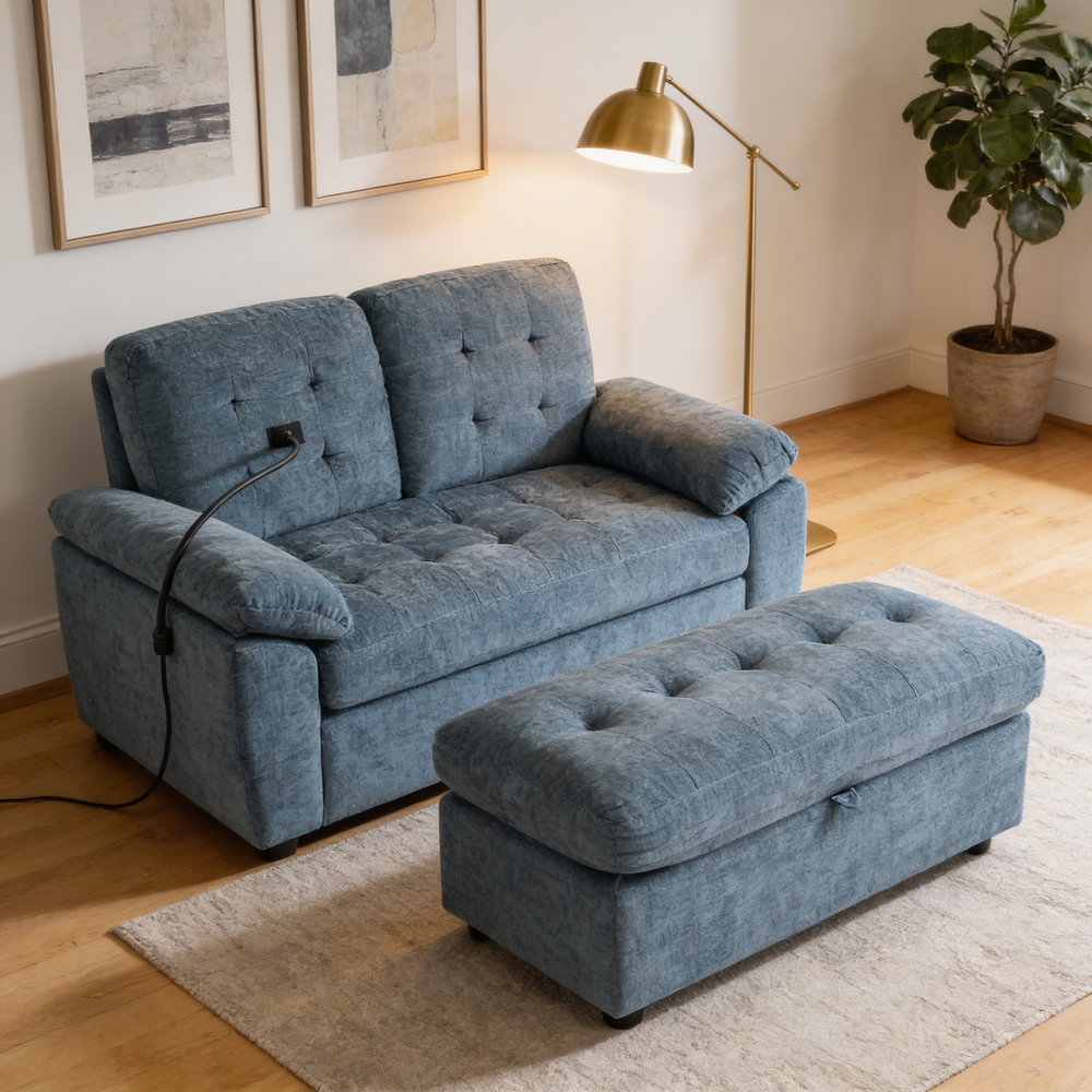 Leisure sofa chair,Double sofa recliner, with manually adjustable backrest, soft padded armrests, side USB charging port and phone stand, comes with a matching storage ottoman-Blue-W487S00516 - 场景图
