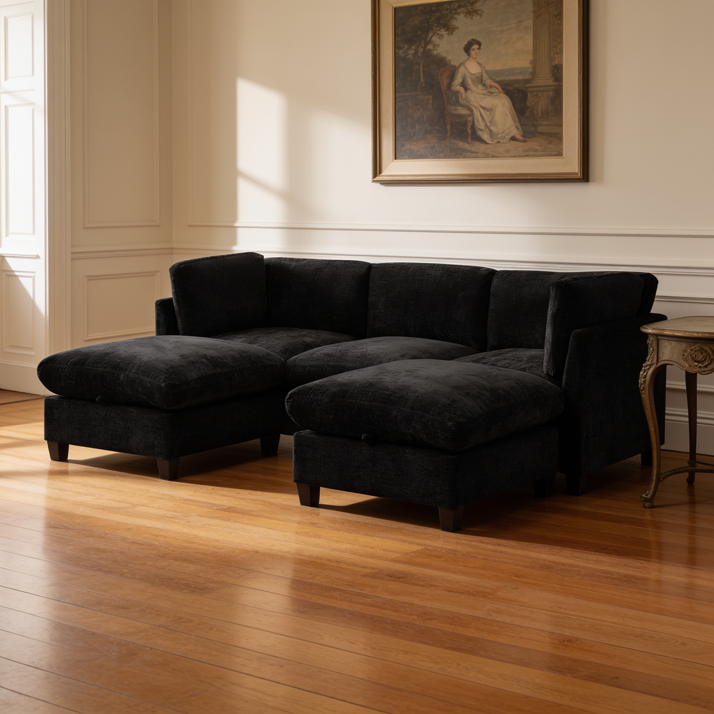 96.5'Sectional Couch for Living room, Upholstered Soft Chenille Fabric Sofa with Storage, 3-Seater with Two Ottomans U Shape Sofa Black-W1097S00285 - 场景图
