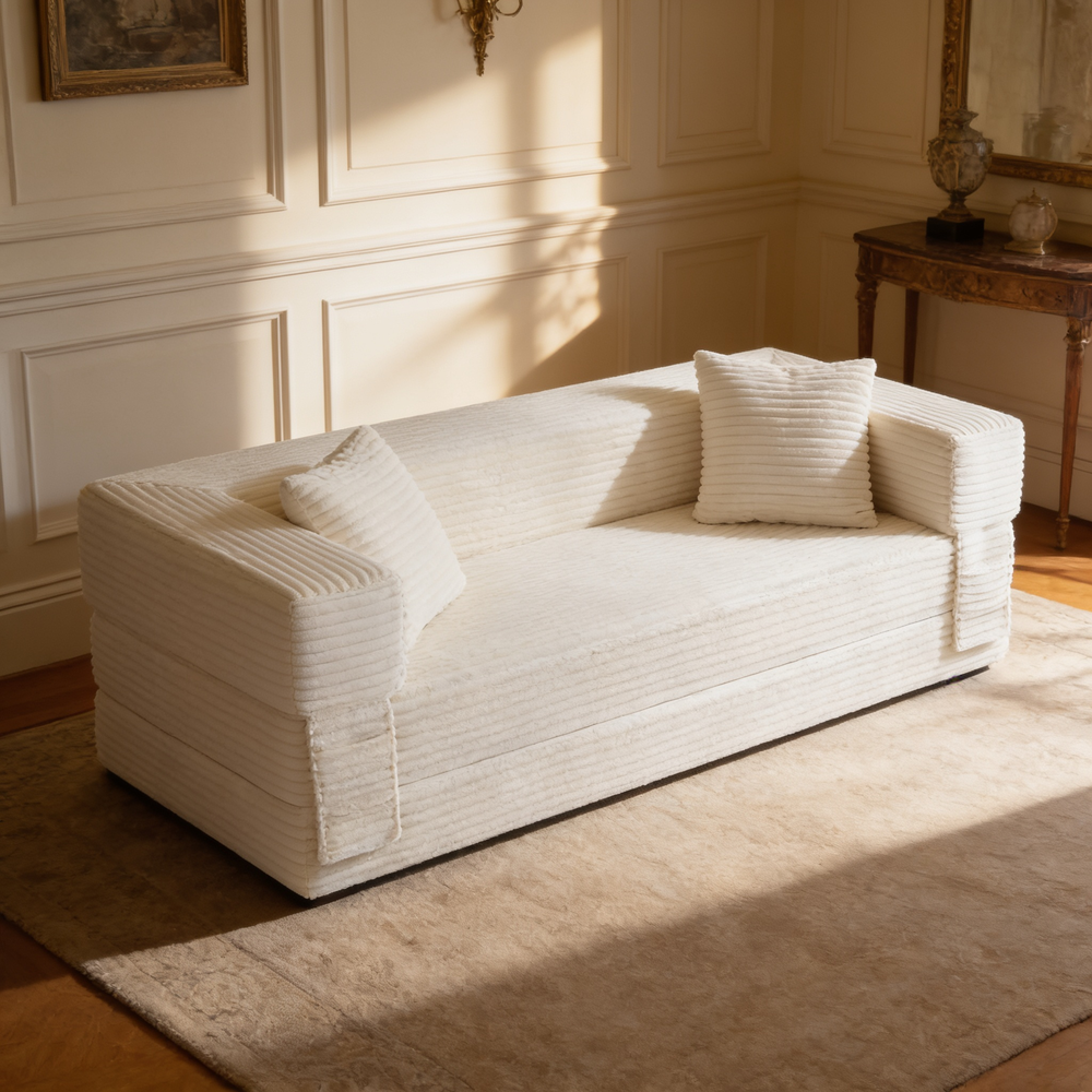 Modern cord sofa with stylish appearance, classic square design, unique two-tier design, convertible into a bed, ideal for apartments and large spaces.-W3396P439850 - 场景图