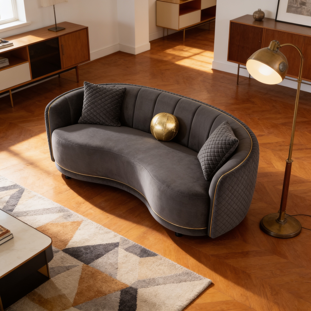 Lorraine Dark Grey 2-Piece Upholstered Sofa Set with Diamond Tufting and Gold Trim, Fabric and Wood Frame, Dark Grey-B062S01435 - 场景图