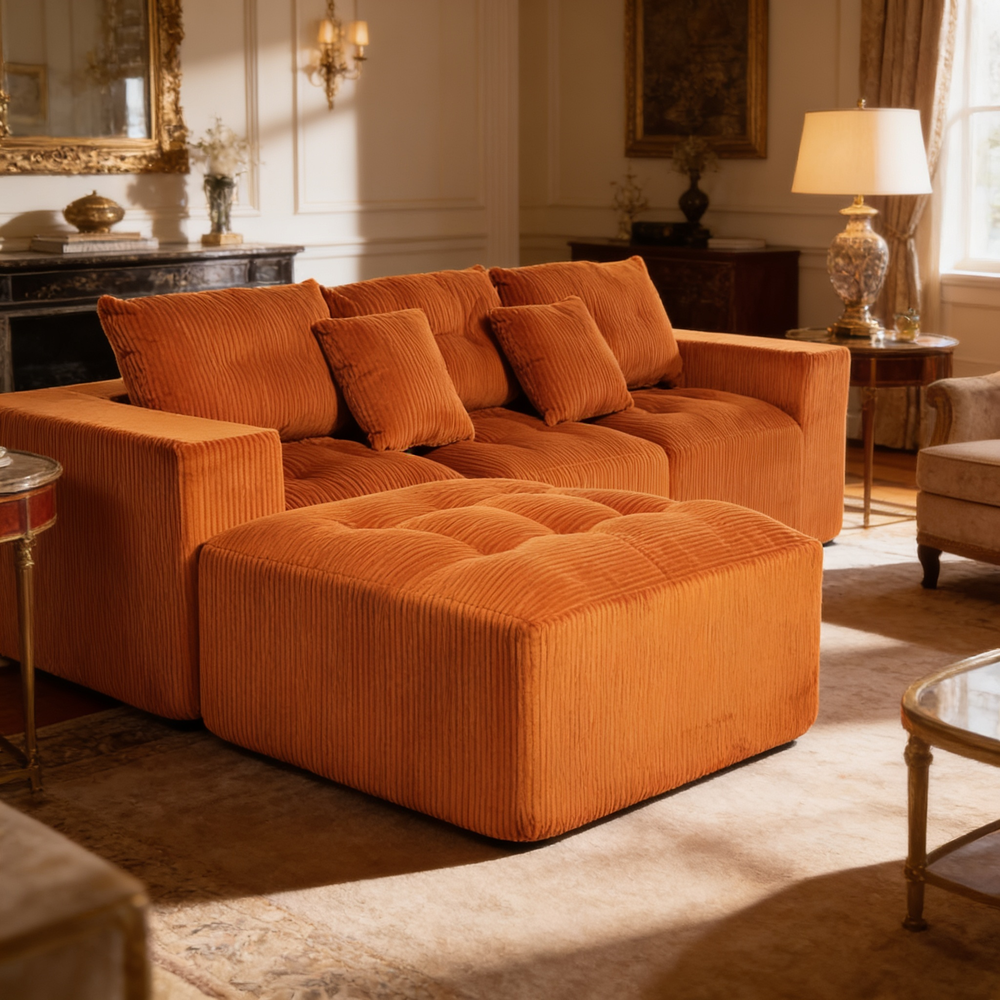 101' L-Shaped Modular Compression Sofa, 3-Seater Comfortable Cloud Sofa, Corduroy Fabric, with Movable Footrest, Free DIY Combination, Suitable for Living Room, Bedroom, Apartment (Orange)-W1170S00054 - 场景图