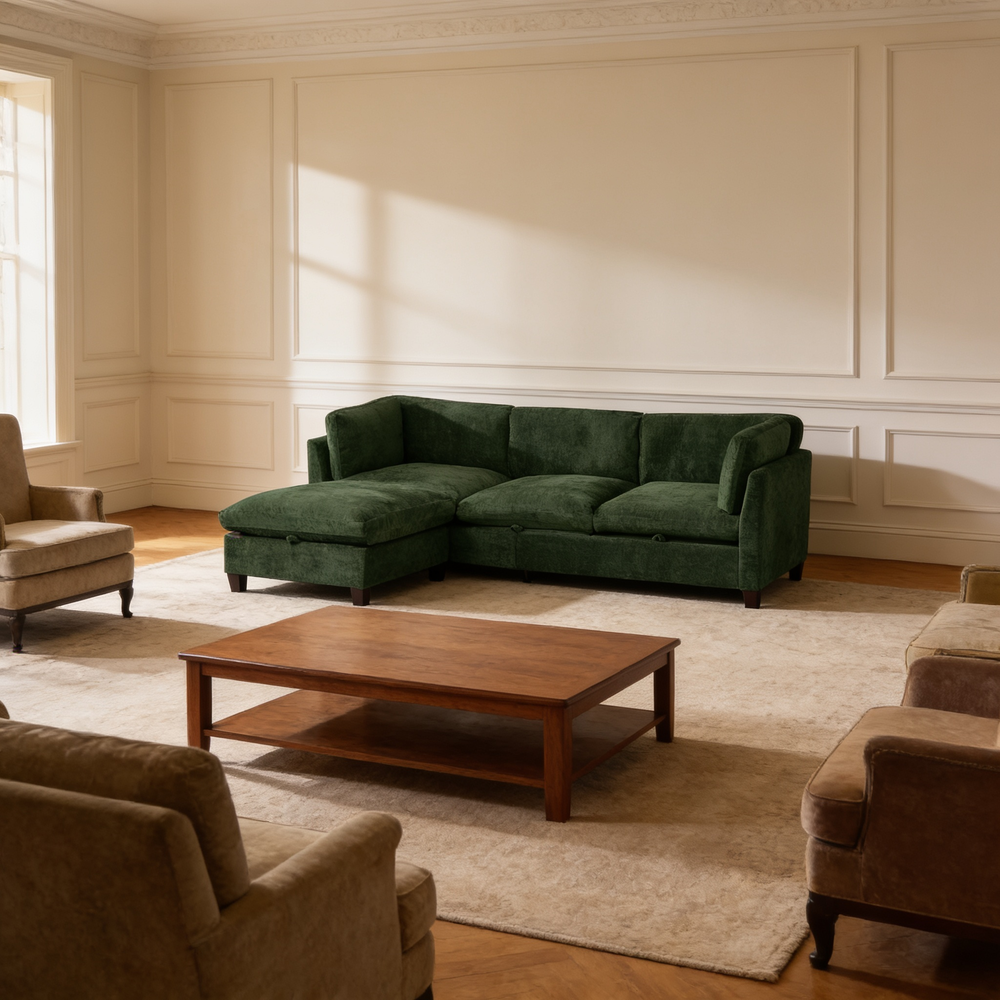 96.5'Sectional Couch for Living room, Upholstered Soft Chenille Fabric Sofa, 3-Seater with One Ottoman L Shape Sofa Green-W1097S00283 - 场景图