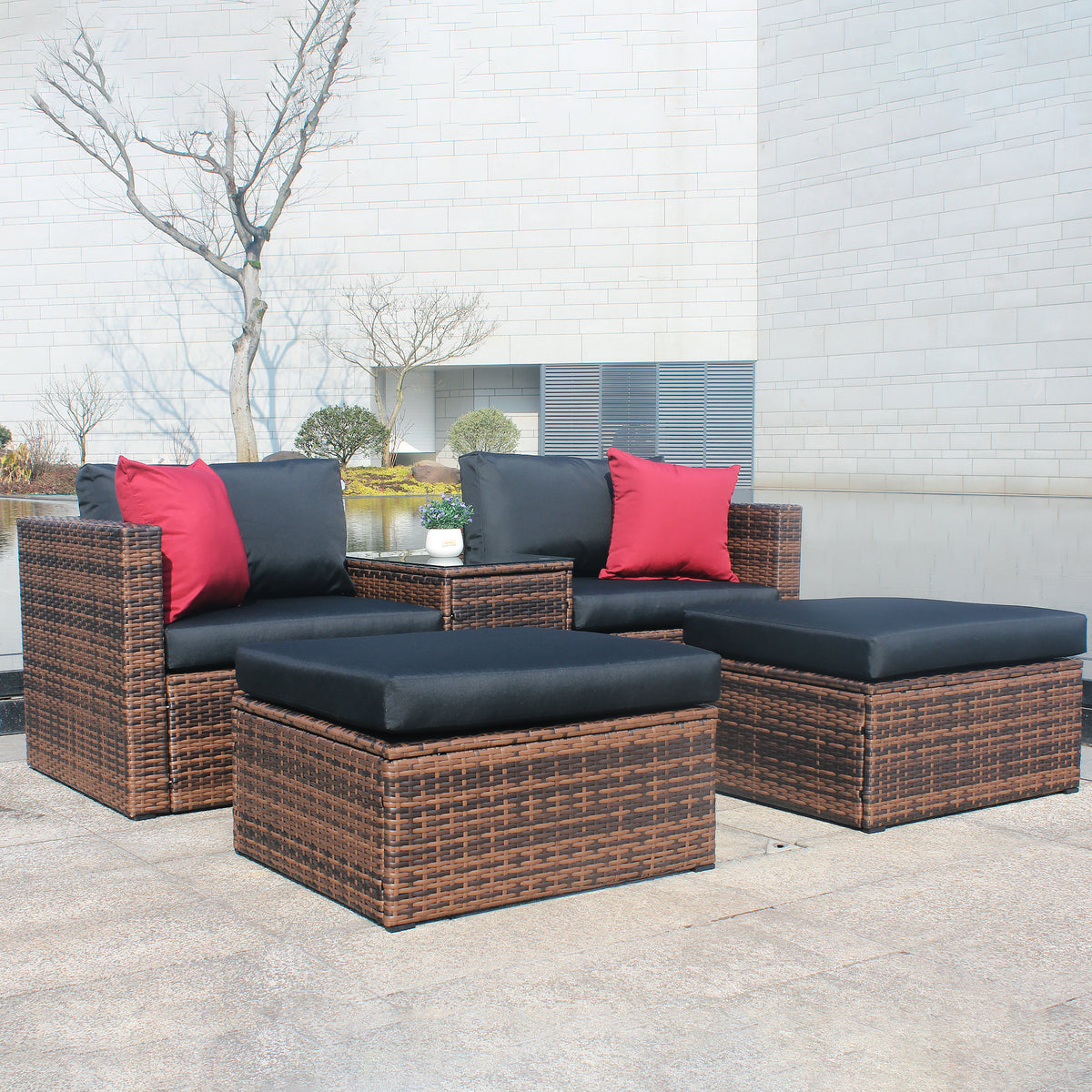 Updated 5 Pieces Outdoor Patio Garden Brown Wicker Sectional Conversation Sofa Set with Black Cushions and Red Pillows,w/ Furniture Protection Cover W400S00037-djyc