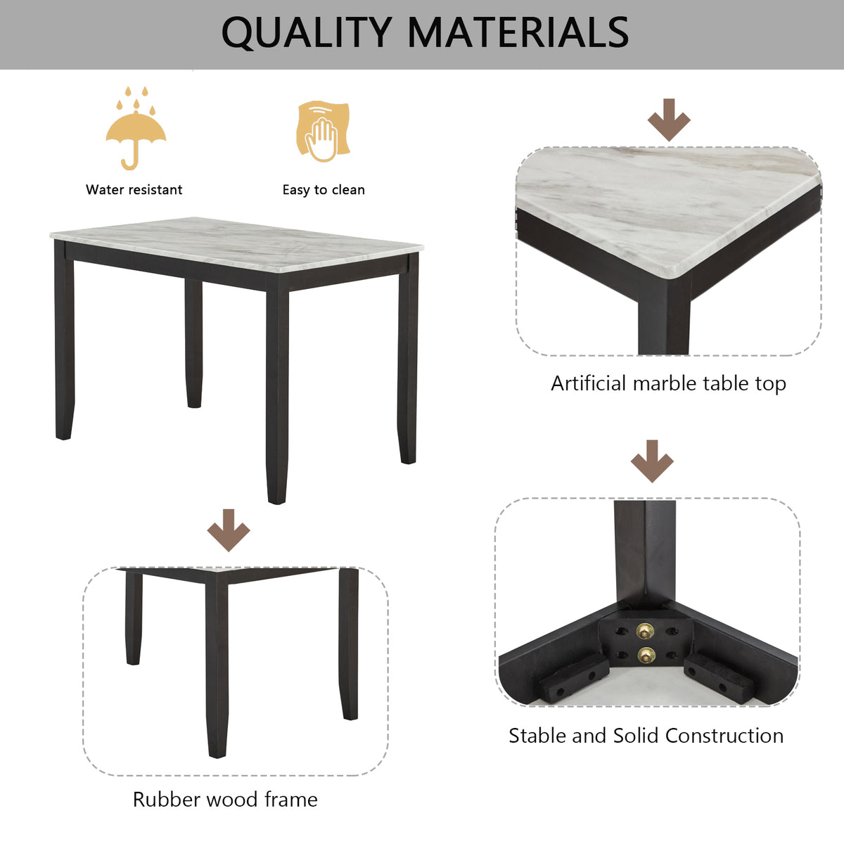 5-Piece Dining Set with Faux Marble Tabletop, Faux Marble dining table set for 4, Modern Wooden Dining Table Set for Kitchen and Dining Room, White +Dark Espresso W1998S00058-djyc