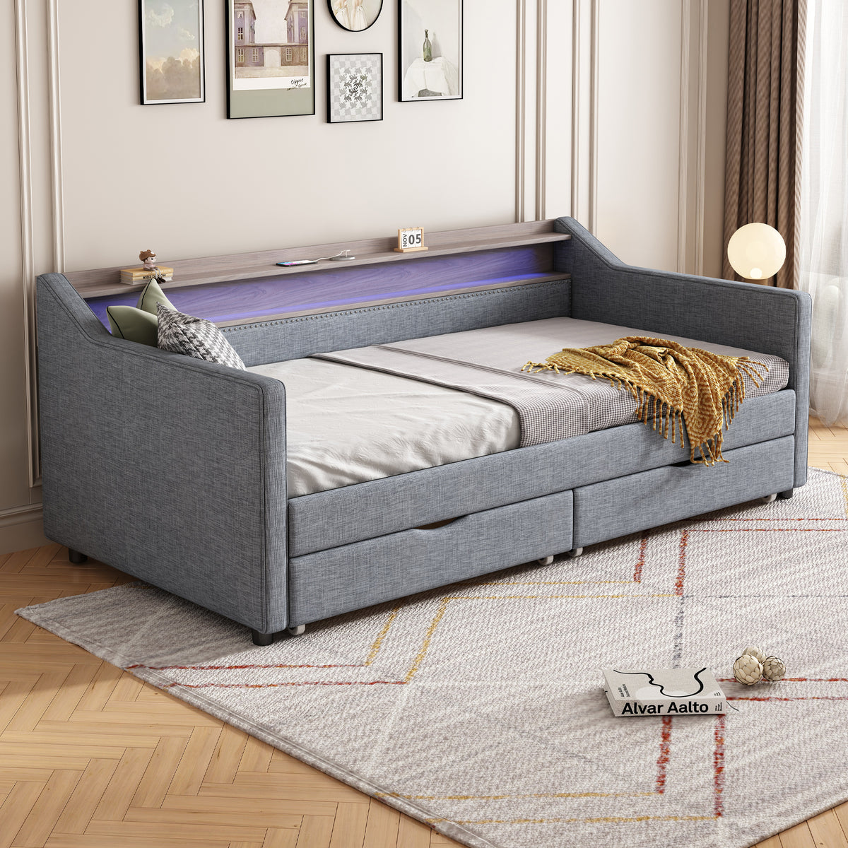 Twin Size Daybed with 2 Storage Drawers and 2-Tier Shelf & /USB/Type-C Port, Modern Linen Upholstered Sofa Day Bed Frame withSmart LED Light for Livingroom, Apartment,Light grey W2336S00027-djyc