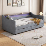 Twin Size Daybed with 2 Storage Drawers and 2-Tier Shelf & /USB/Type-C Port, Modern Linen Upholstered Sofa Day Bed Frame withSmart LED Light for Livingroom, Apartment,Light grey W2336S00027-djyc