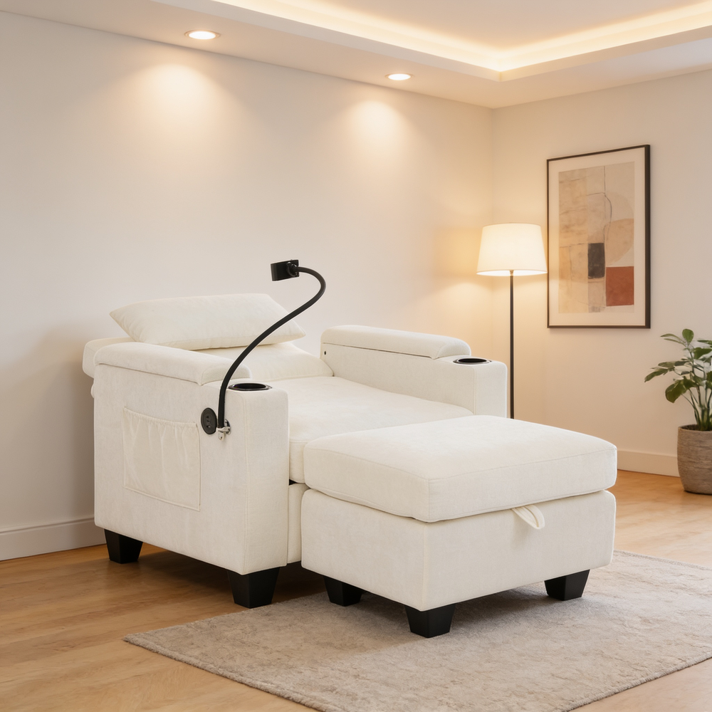 Single sofa recliner with manually adjustable backrest, USB charging port on the armrest side, phone stand included, hidden armrest storage, and a matching storage ottoman-Beige-W487P423650 - 场景图