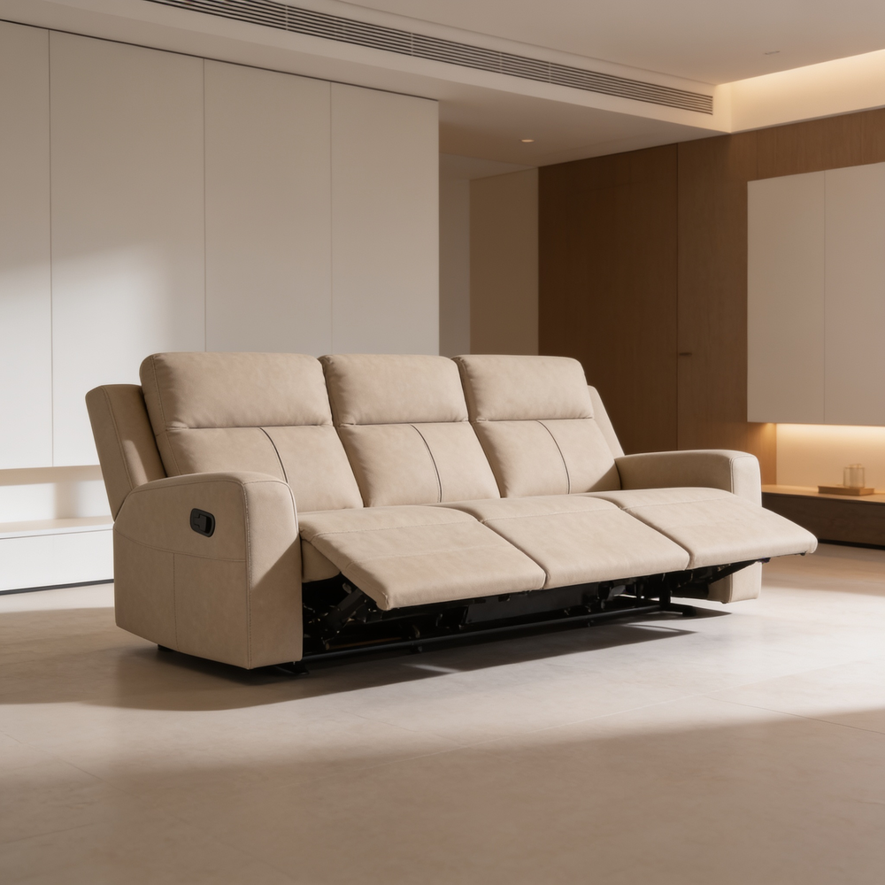 Slater Taupe 3-Piece Upholstered Reclining Sofa Set with Modern Design, Faux Leather, and Built-in Storage-B062S01806 - 场景图
