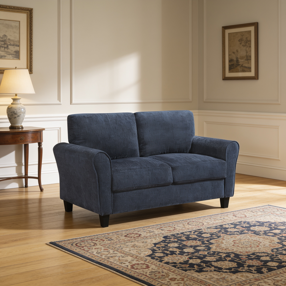 Contemporary 2pc Living Room Sofa Set Blue Chenille Upholstered Sofa Loveseat Plush Foam Padded Pocket Coils Solid Wood Furniture-B011S02487 - 场景图