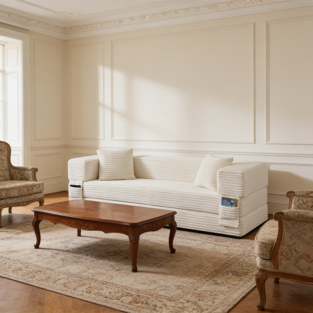 Modern cord sofa with stylish appearance, classic square design, unique two-tier design, convertible into a bed, ideal for apartments and large spaces.-W3396P439850 - 场景图
