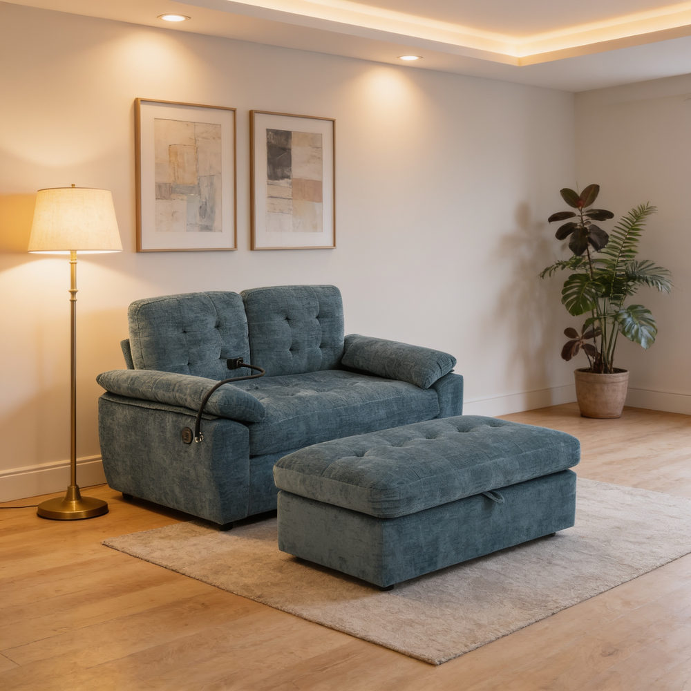 Leisure sofa chair,Double sofa recliner, with manually adjustable backrest, soft padded armrests, side USB charging port and phone stand, comes with a matching storage ottoman-Blue-W487S00516 - 场景图