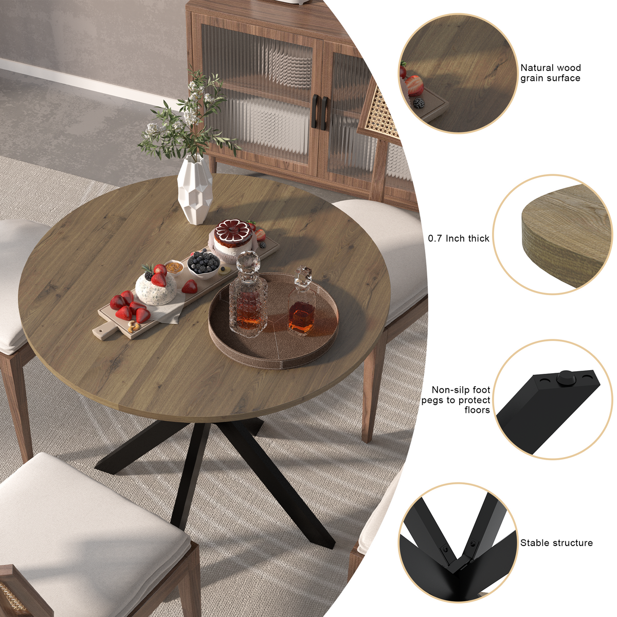 31.5 Inch Round Dining Table, Small Circle Kitchen Table with Metal Black Legs for 2-4 people,Modern Dining Room Table, Brown (only table) W808P176713-djyc