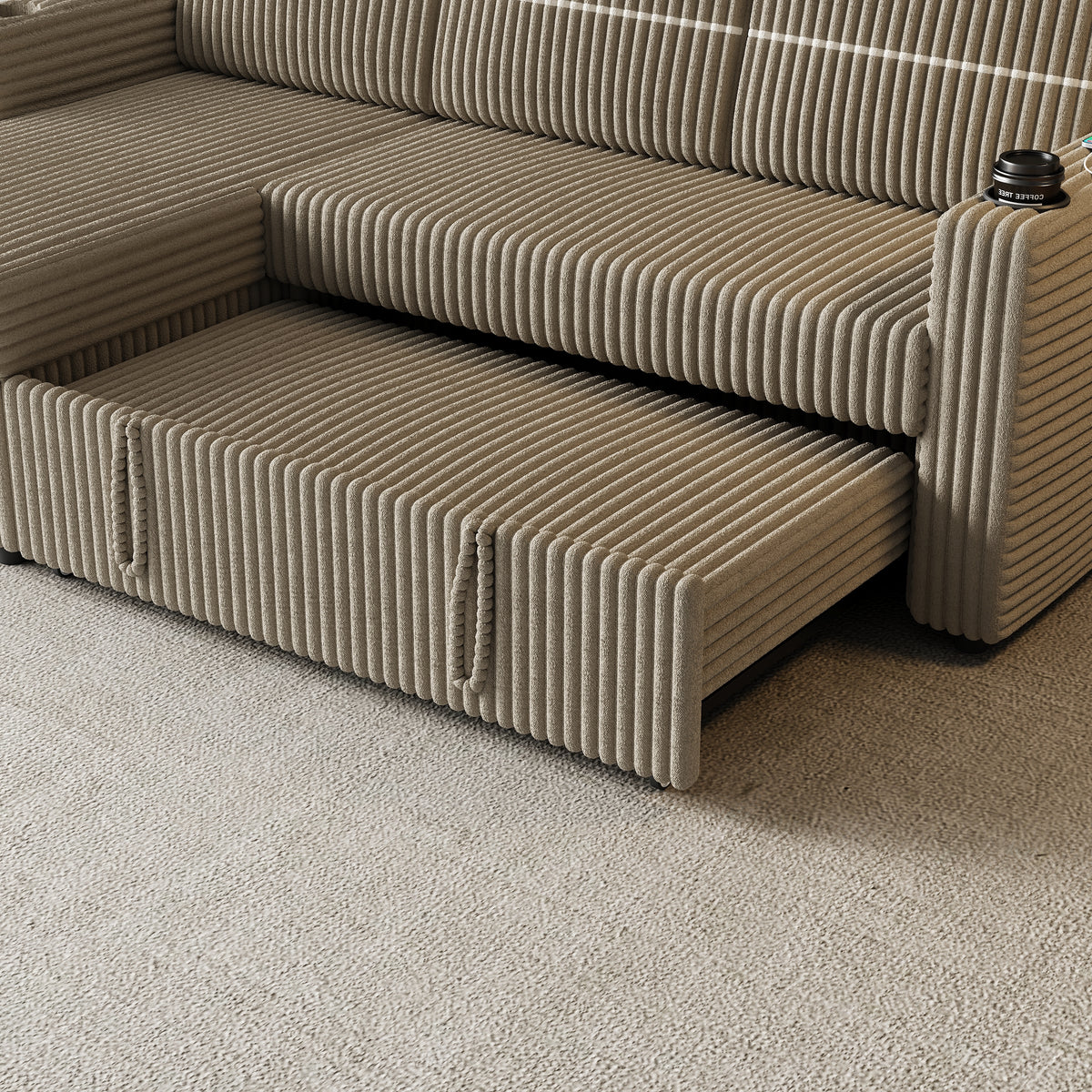 85 Inches Corduroy Sofa Bed, 3 Seater Sleeper Sofa with Storage Chaise, Square Handrail With Two Cup-holder And USB Charge Port, Pull Out Couch for Living Room W834S00271-djyc