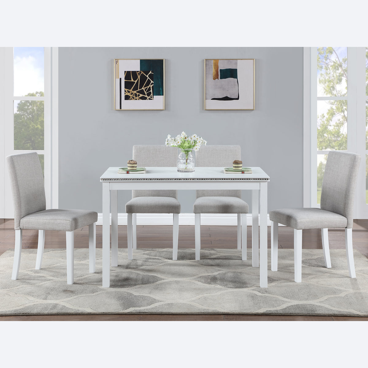 5 Piece Wooden Dining Table Set, Kitchen Table Set with a Rectangular Table and 4 Upholstered Chairs, Wooden Dining Room Table with Crystal Decoration and Chairs Set for Kitchen, Dining Room, White W1998S00049-djyc