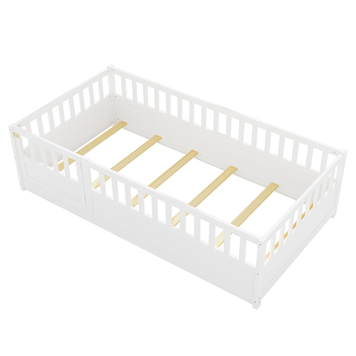 Twin Size Floor bed, integral construction with super high security barrier, door, children's floor bed frame, Montessori wooden children's floor bed, Support slat white W1858P164938-djyc