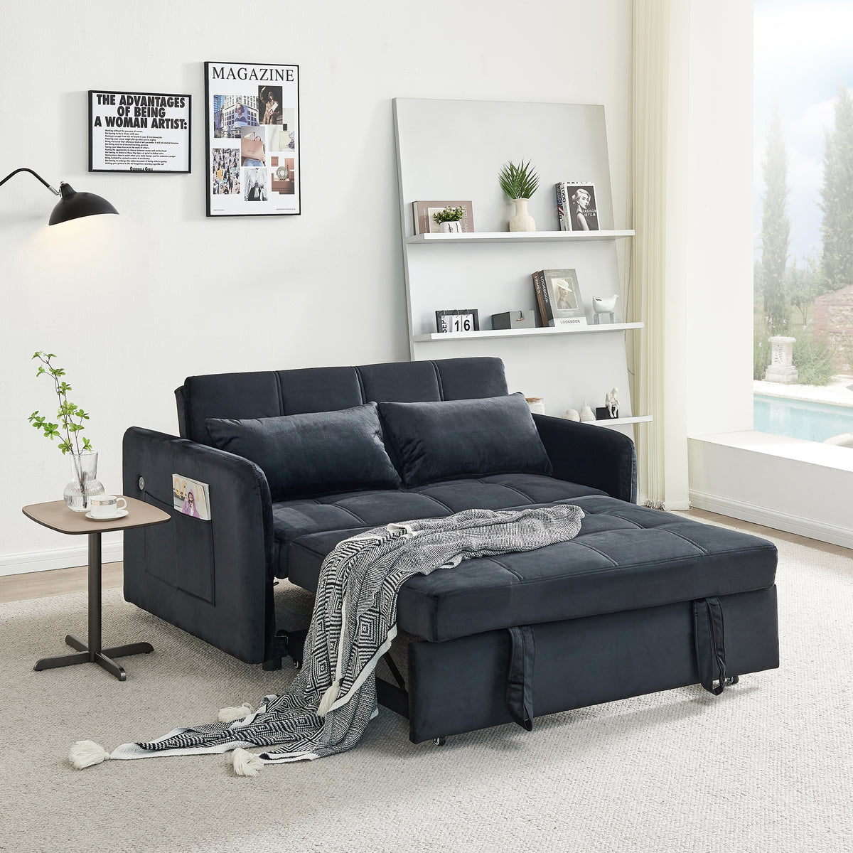 55.5' Twins Pull Out Sofa BedBlack Velvet W1097104078-djyc