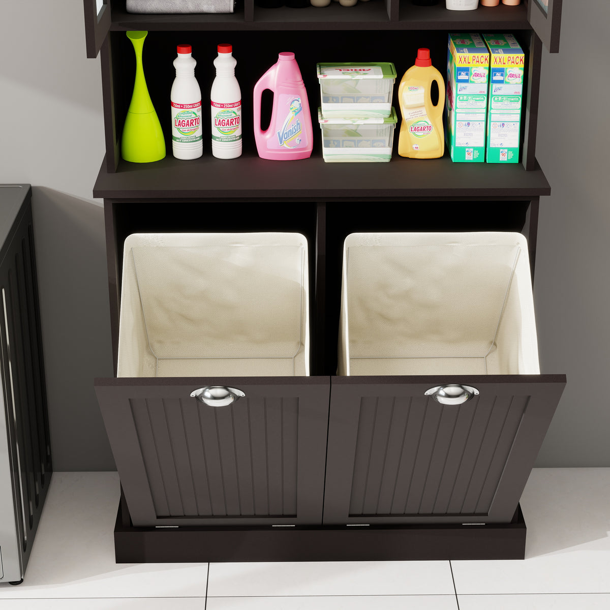 Two-Compartment Tilt-Out Dirty Laundry Basket Tall Bathroom Cabinet with 2 Adjustable Shelves-Black W1120S00002-djyc