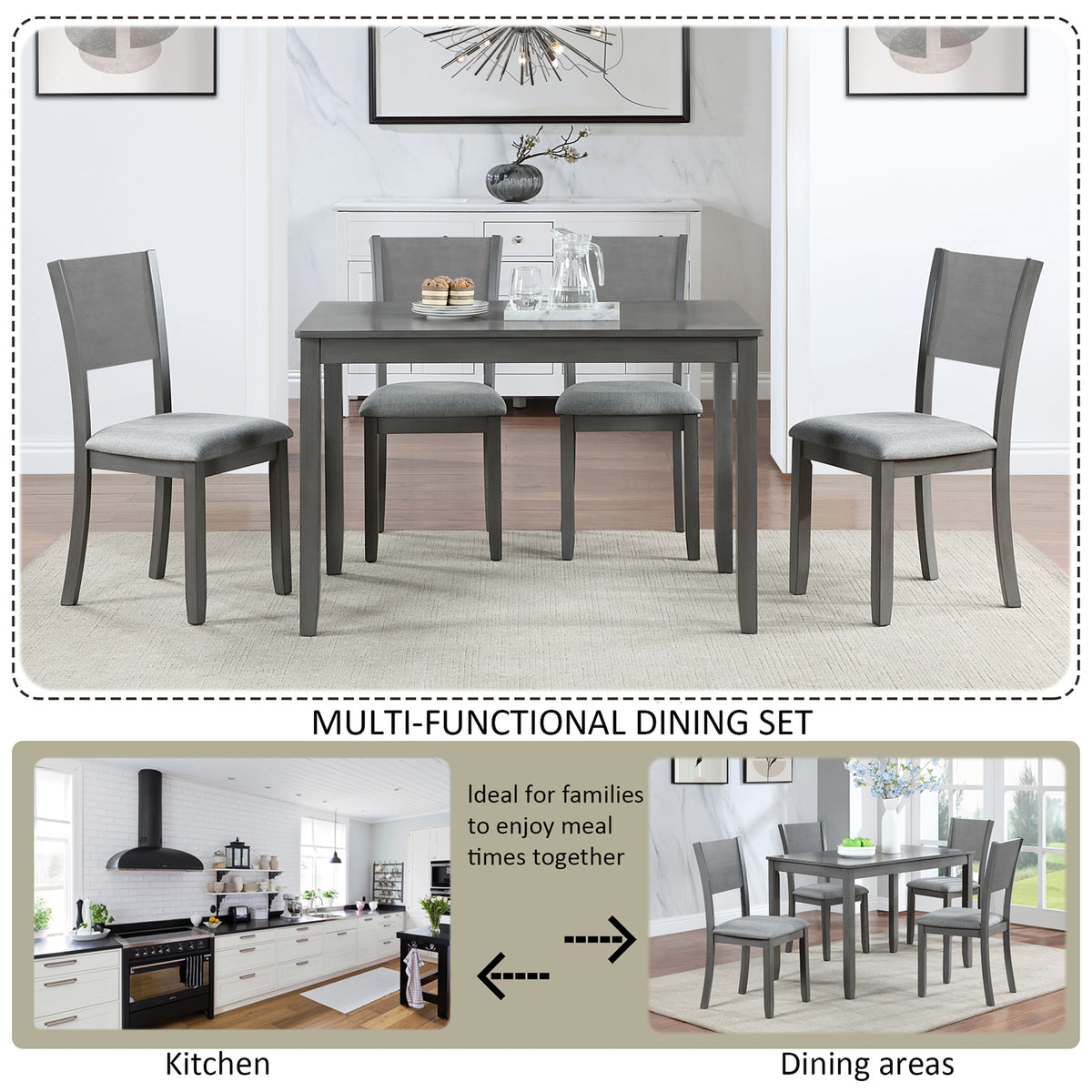 5 Piece Modern Dining Set, Rectangular Wooden Dining Table with 4 Upholstered Chairs for Kitchen, Dining Room, Gray W1998S00055-djyc