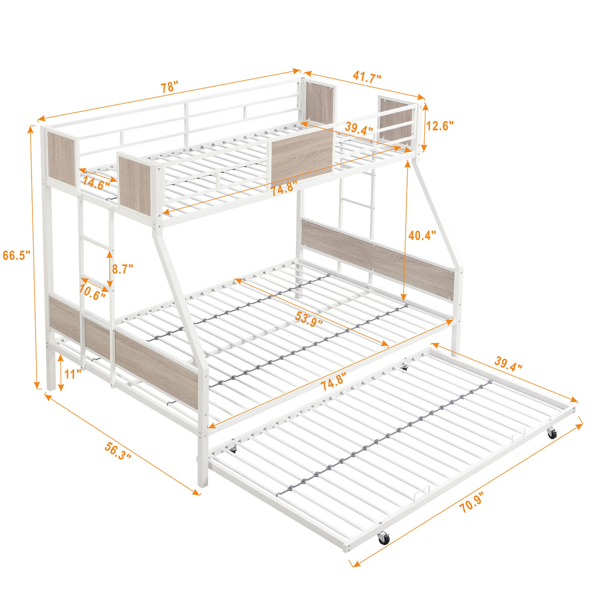 Twin Over FULL Metal Bunk Bed with Trundle 2 - Side Ladder and Full-Length Guardrail, No Box Spring Needed, Large Under Bed Storage, Easy Assemble W311133416-djyc