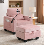 Single sofa recliner with manually adjustable backrest, USB charging port on the armrest side, phone stand included, hidden armrest??W487P423652 storage, and a matching storage ottoman-Pink