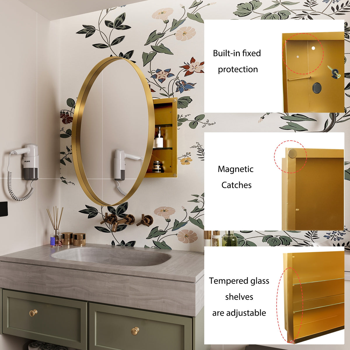 31.5 Inch Surface Mount Round Metal Framed Medicine Cabinet with Mirror and Adjustable Shelves Black Wall Mirror with Storage for Bathroom, Matte Gold W1435P194675-djyc