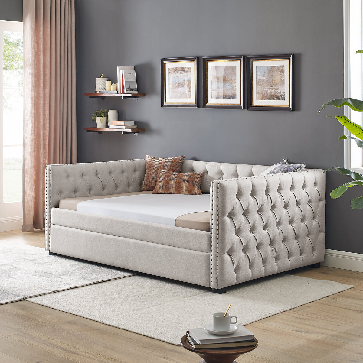 Daybed with Trundle Upholstered Tufted Sofa Bed, with Button and Copper Nail on Square Arms,Full Daybed & Twin Trundle, Beige(85"x57"x31.5") W487S00102-djyc