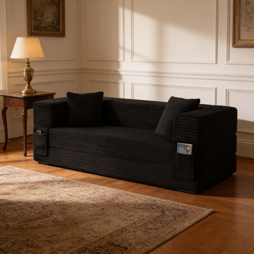Modern cord sofa with stylish appearance, classic square design, unique two-tier design, convertible into a bed, ideal for apartments and large spaces.-W3396P439851 - 场景图