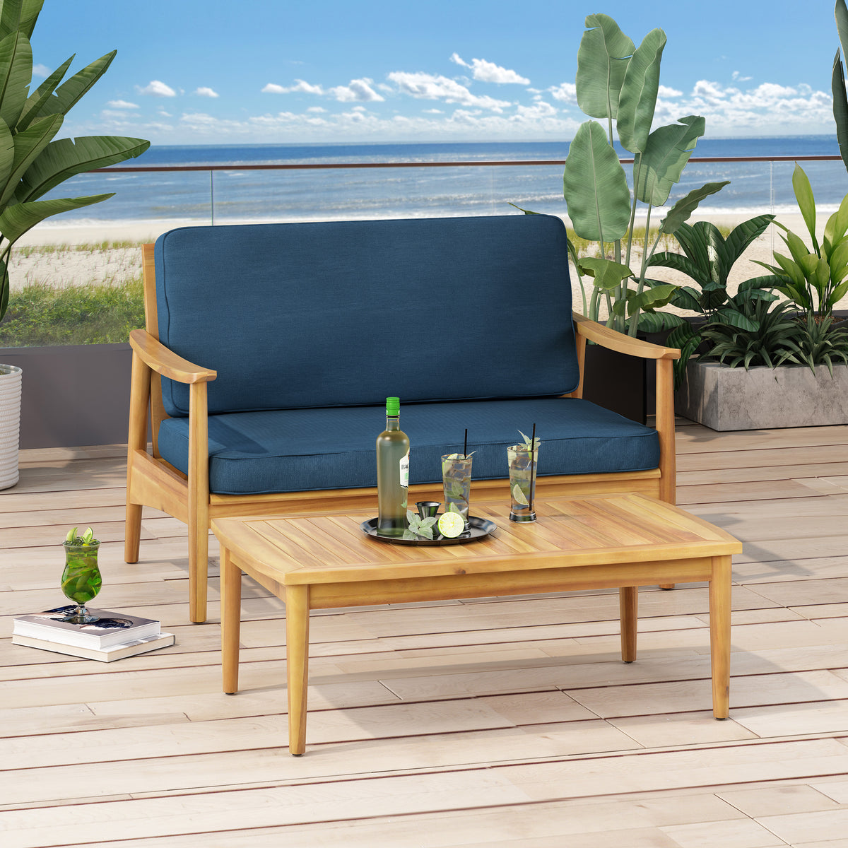 Contemporary Acacia Wood Loveseat and Coffee Table Set with Water-Resistant Cushions 68628.00DT-djyc