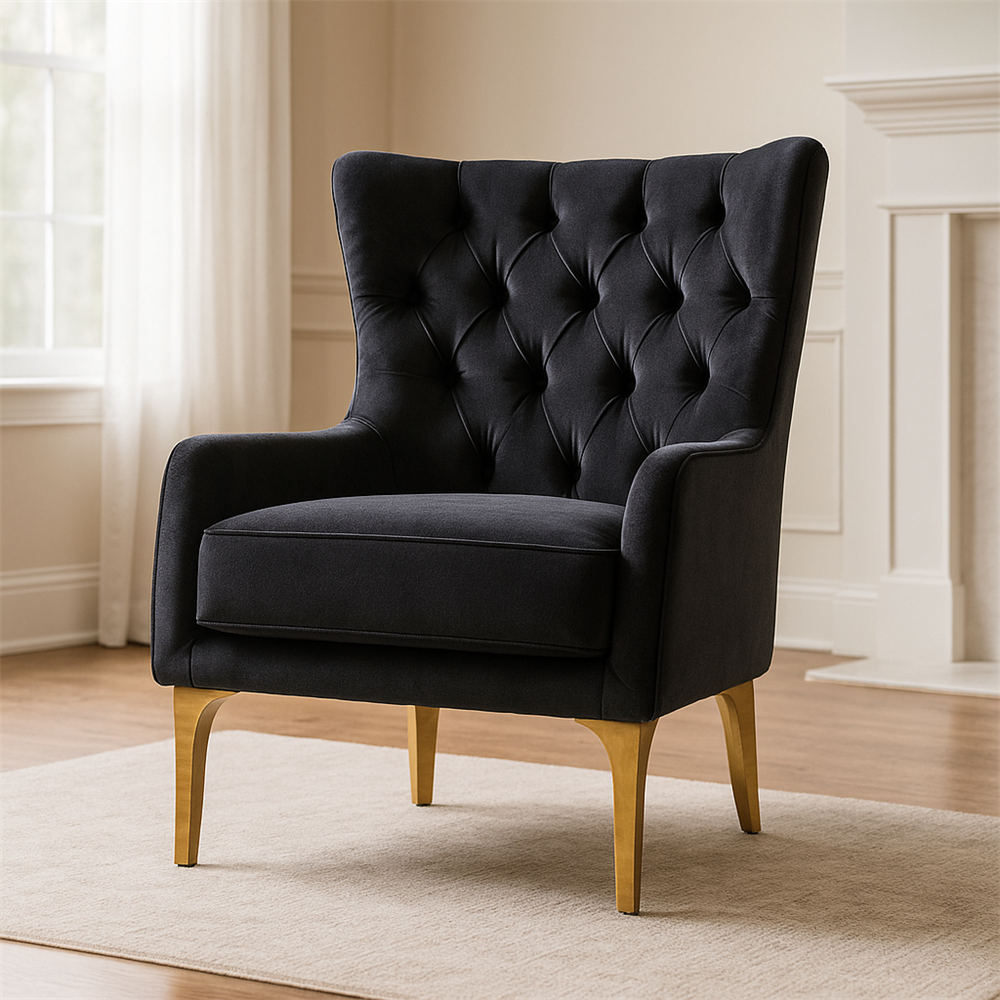 Lippa 3pc Upholstered Sofa, Loveseat and Chair Set in Black Fabric with Gold Stainless Steel Legs, Foam Cushioning and Sturdy Wood Frame-B009S02236 - 场景图