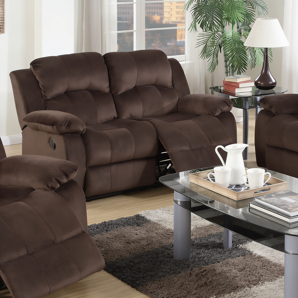 Modern Style 3pc Living Room Set 1x Sofa 1x Loveseat 1x Recliner Suede Padded Seat Metal Reclining Pillow Arms Cushion Back Chocolate Finish Primary Living Room Furniture-B011S02394 - 正方形修复