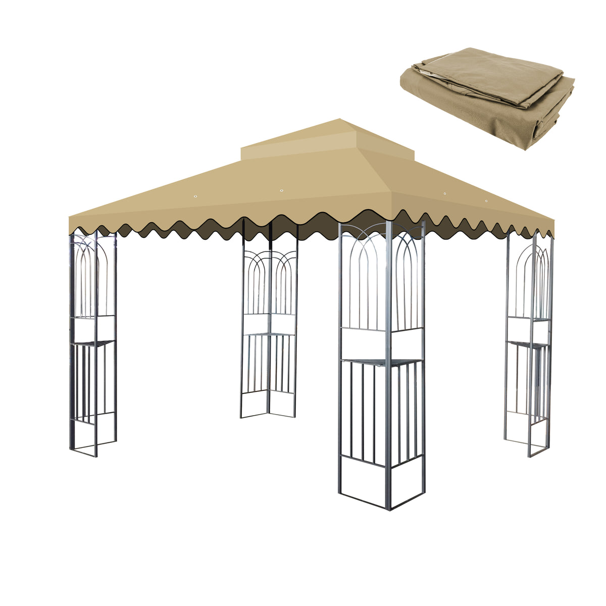 10x10 Ft Outdoor Patio Gazebo Replacement Canopy,Double Tiered Gazebo Tent Roof Top Cover Only wavy border(Frame Not Include)-Tan W419P198354-djyc
