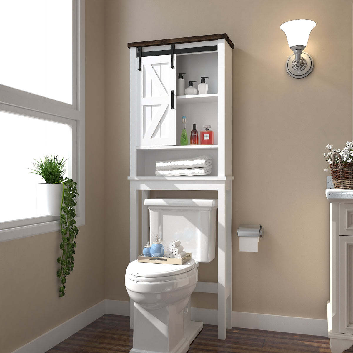Over The Toilet Storage Cabinet, Farmhouse Above Toilet Storage Cabinet with Adjustable Shelves & Sliding Barn Doors, Organizers Over Toilet for Bathroom, Living Room, White W1347P183703-djyc