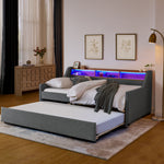 Twin Size Upholstery Sofa Bed with Three LED lights, with Storage Adjustable Headboard, with Foldable Leg Pull up Trundle Bed and Wireless Charging, Linen Padded Sofa Bed frame, Grey W1413S00057-djyc