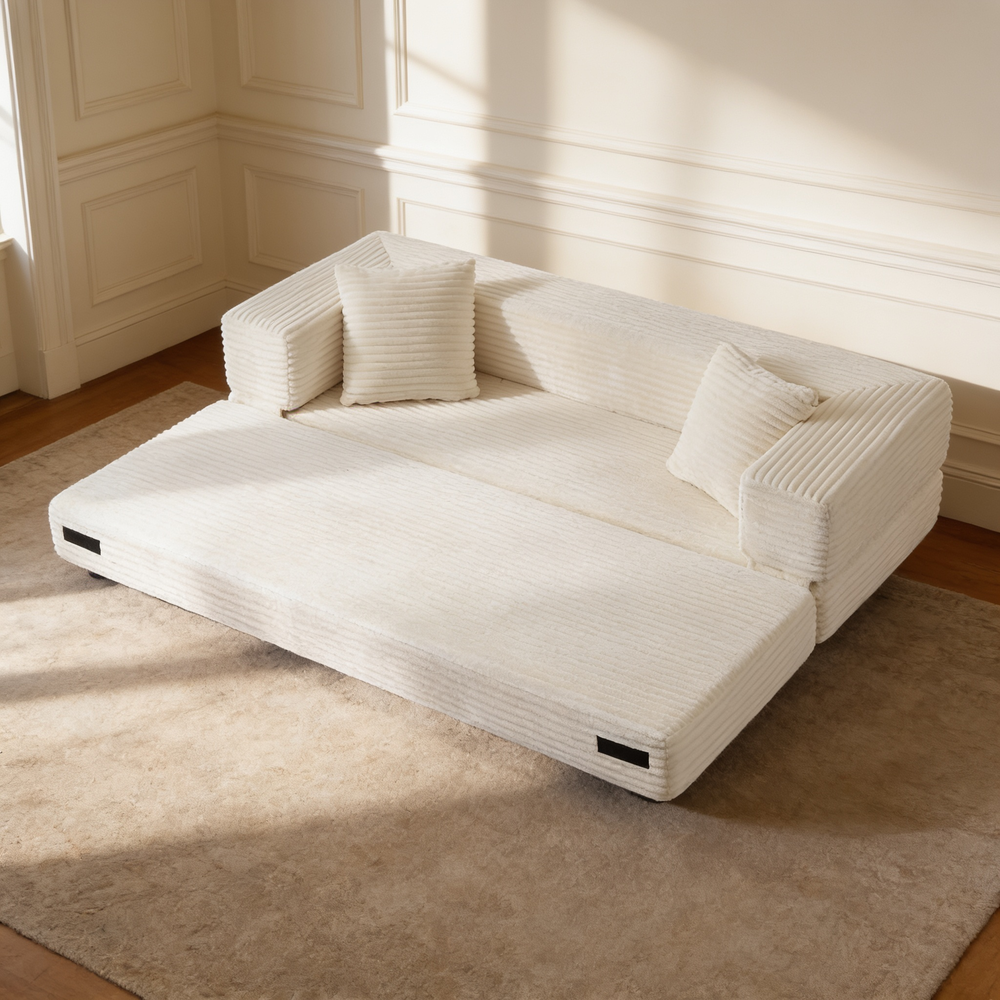 Modern cord sofa with stylish appearance, classic square design, unique two-tier design, convertible into a bed, ideal for apartments and large spaces.-W3396P439850 - 场景图