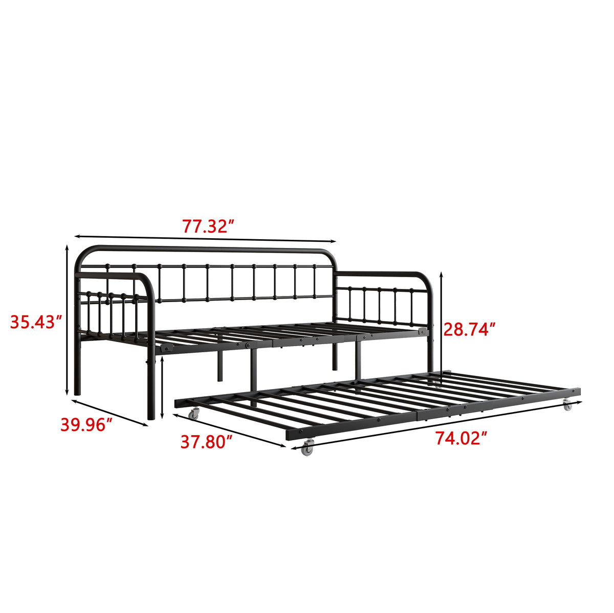 Twin Size Metal Daybed Frame with Trundle, Heavy Duty Steel Slat Support Sofa Bed Platform with Headboard, No Box Spring Needed, Black W840103518-djyc