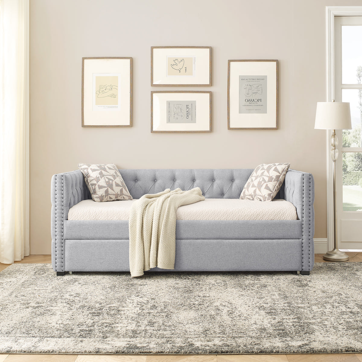 Daybed with Trundle Upholstered Tufted Sofa Bed, with Button and Copper Nail on Square Arms,both Twin Size,Grey(85"x42.5"x31.5")(Old SKU W487S00045) W487S00103-djyc