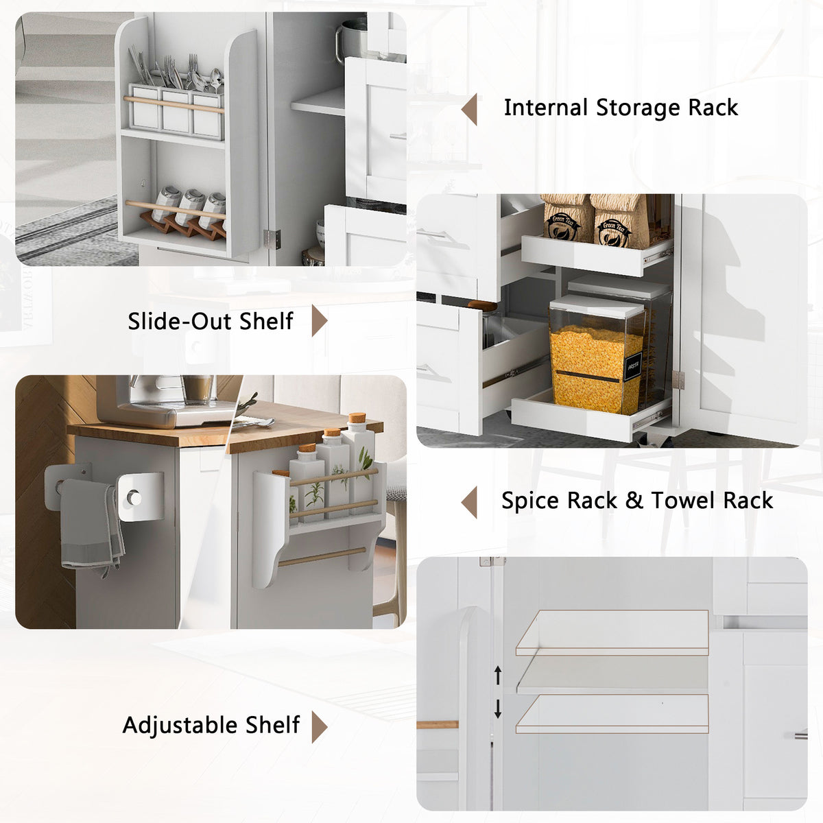 K&K Rolling Kitchen Island with Storage, Kitchen Cart with Rubber Wood Top, 3 Drawer, 2 Slide-Out Shelf and Internal Storage Rack, Kitchen Island on Wheels with Spice Rack & Tower Rack, White WF316599AAW-djyc