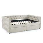Upholstered Full Size Daybed with Two Drawers, with Button and Copper Nail on Square Arms, Beige (82.75''x58''x30.75'') W487S00219-djyc
