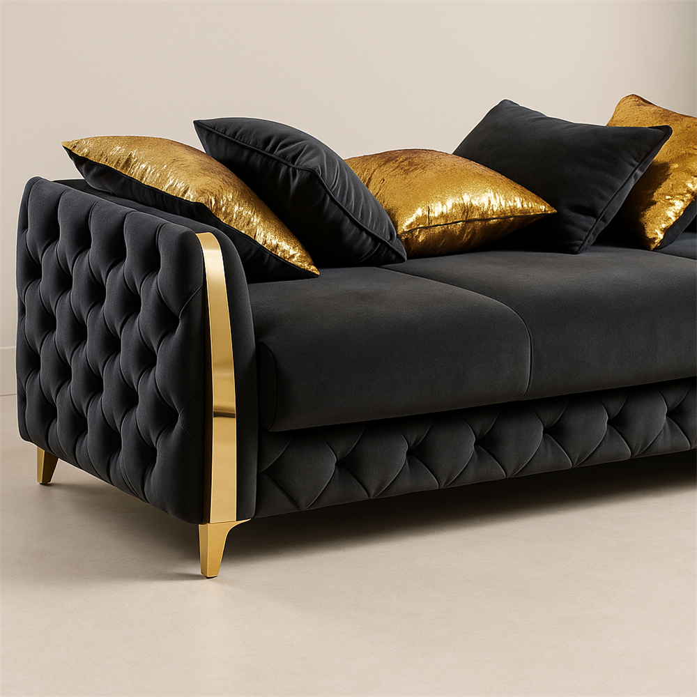 Lippa 3pc Upholstered Sofa, Loveseat and Chair Set in Black Fabric with Gold Stainless Steel Legs, Foam Cushioning and Sturdy Wood Frame-B009S02236 - 细节图