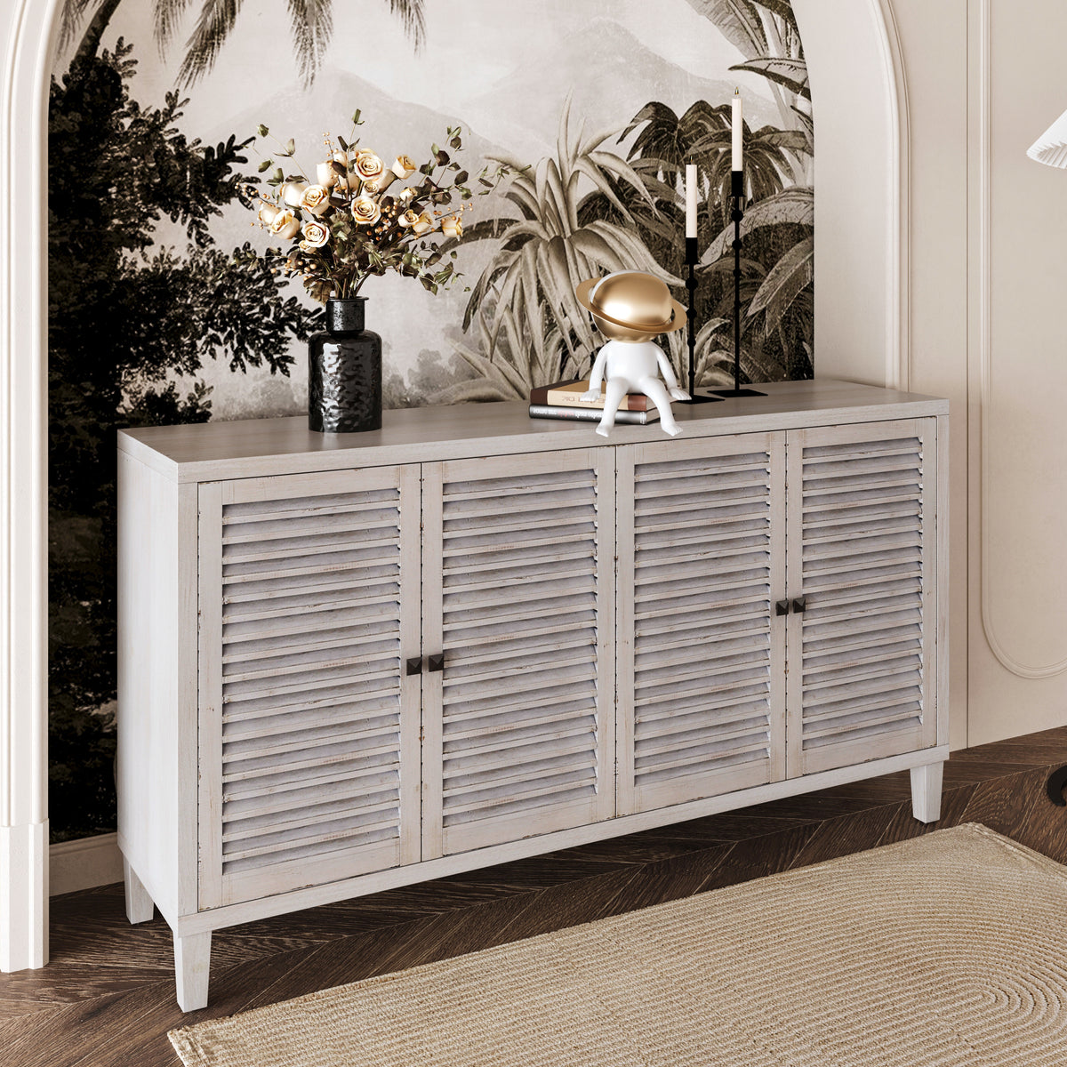 Accent Cabinet 4 Shutter Door Wooden Cabinet Sideboard Buffet Server Cabinet Storage Cabinet, for Living Room, Entryway, Hallway, Office, Kitchen and Dining Room, Distressed White W1435P153088-djyc
