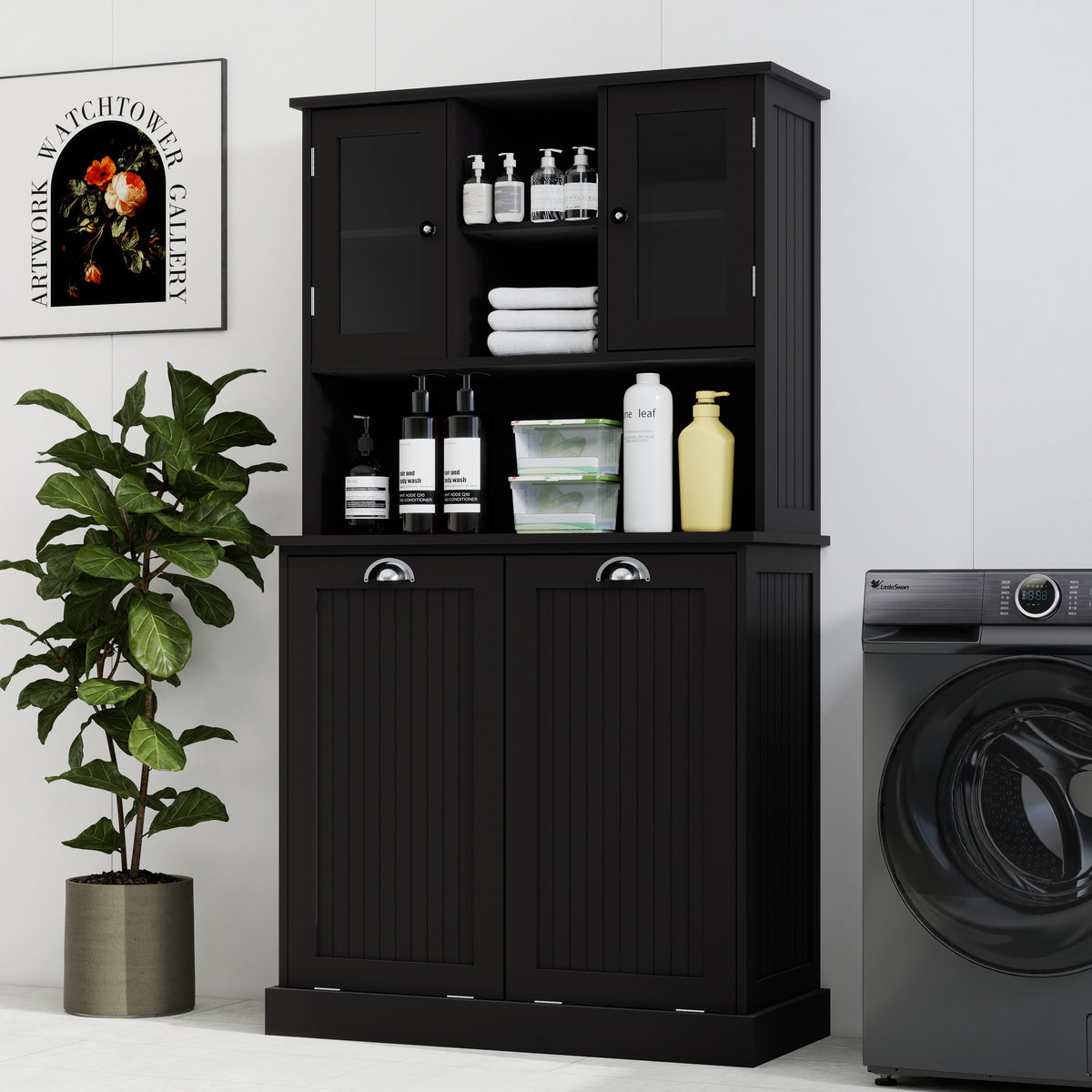 Two-Compartment Tilt-Out Dirty Laundry Basket Tall Bathroom Cabinet with 2 Adjustable Shelves-Black W1120S00002-djyc