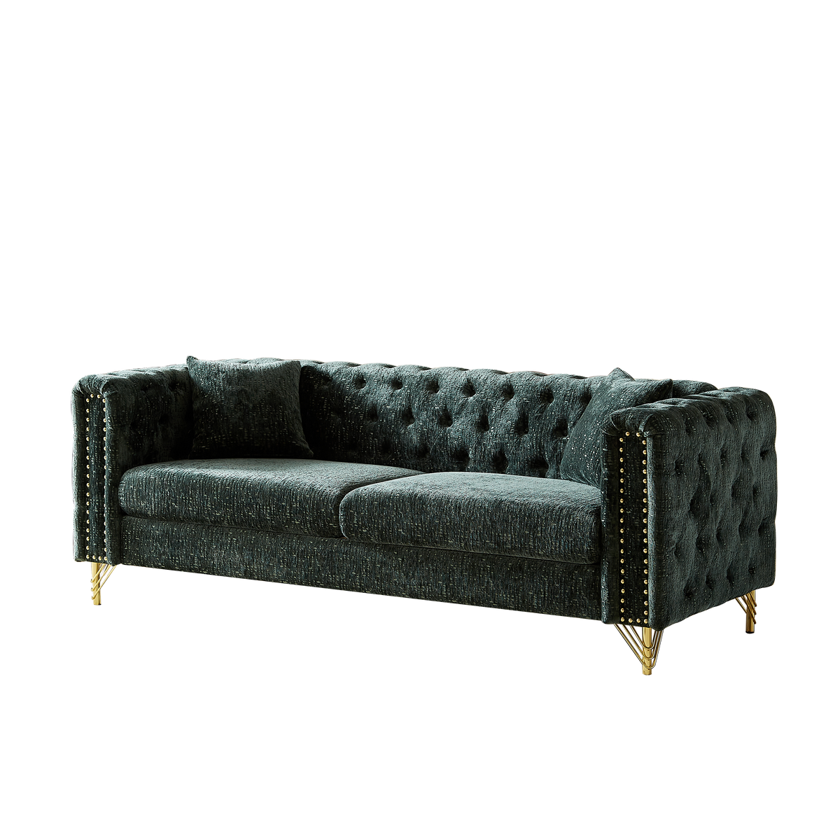 82-Inch Chenille Pull Buckle Design Sofa for Living Room,Buttons Tufted With Copper Nail Decoration Armrest, Modern Couch Upholstered Button And Metal Legs W834S00294-djyc