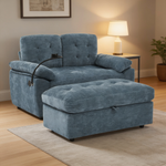 Leisure sofa chair,Double sofa recliner, with manually adjustable backrest, soft padded armrests, side USB charging port and phone stand, comes with a matching storage ottoman-Blue-W487S00516 - 场景图
