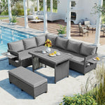 TOMAX 5-Piece Outdoor Patio Rattan Sofa Set, Sectional PE Wicker L-Shaped Garden Furniture Set with 2 Extendable Side Tables, Dining Table and Washable Covers for Backyard, Poolside, Indoor, Gray SP100006AAE-djyc