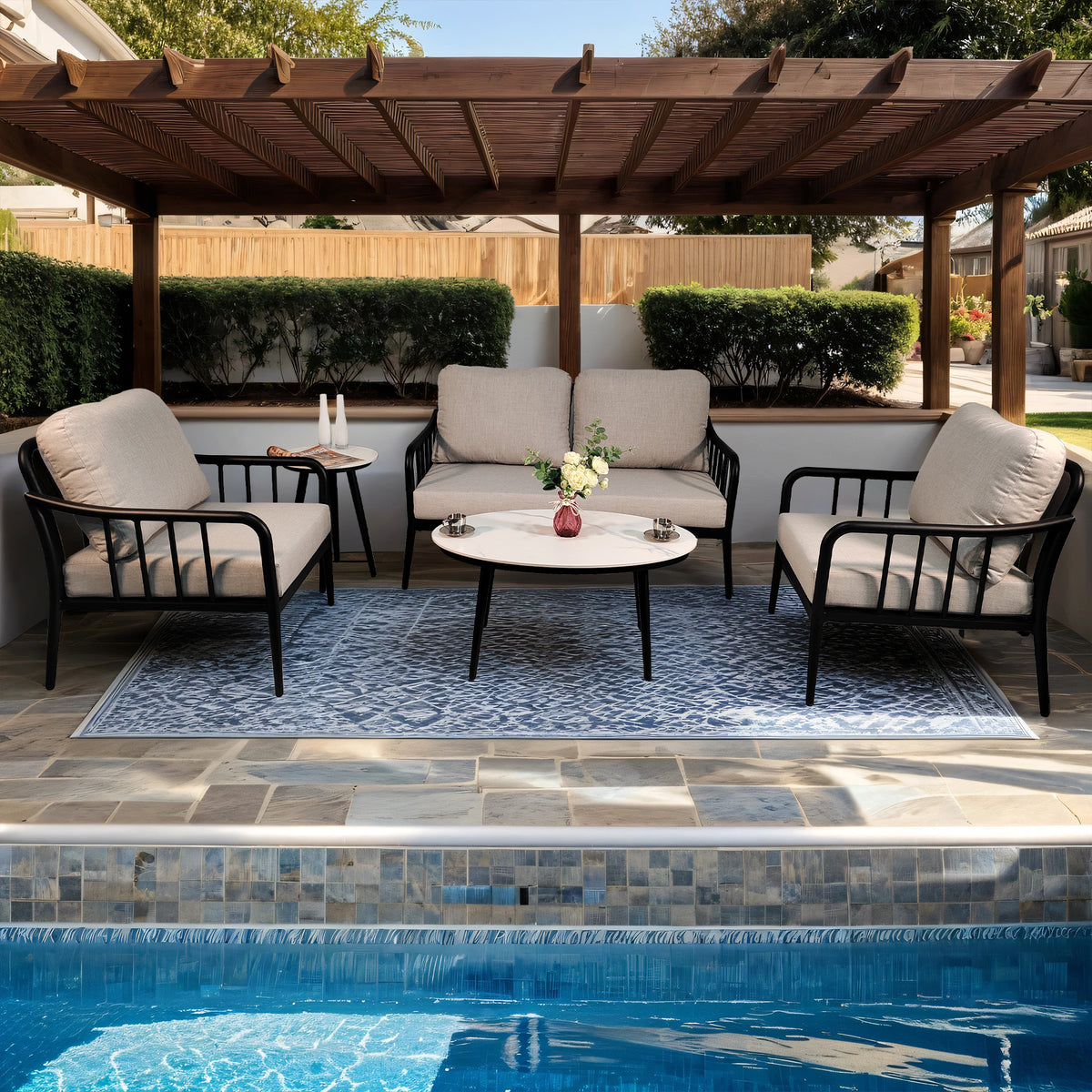 5PC Outdoor Aluminum Patio Furniture,Modern Chat Sofa Conversation Set,Removable Sunbrella Cast Silver Fabric Cushions and Table with White Carrara Marble-Look Sintered Stone Top,Ember Black W1886S00006-djyc